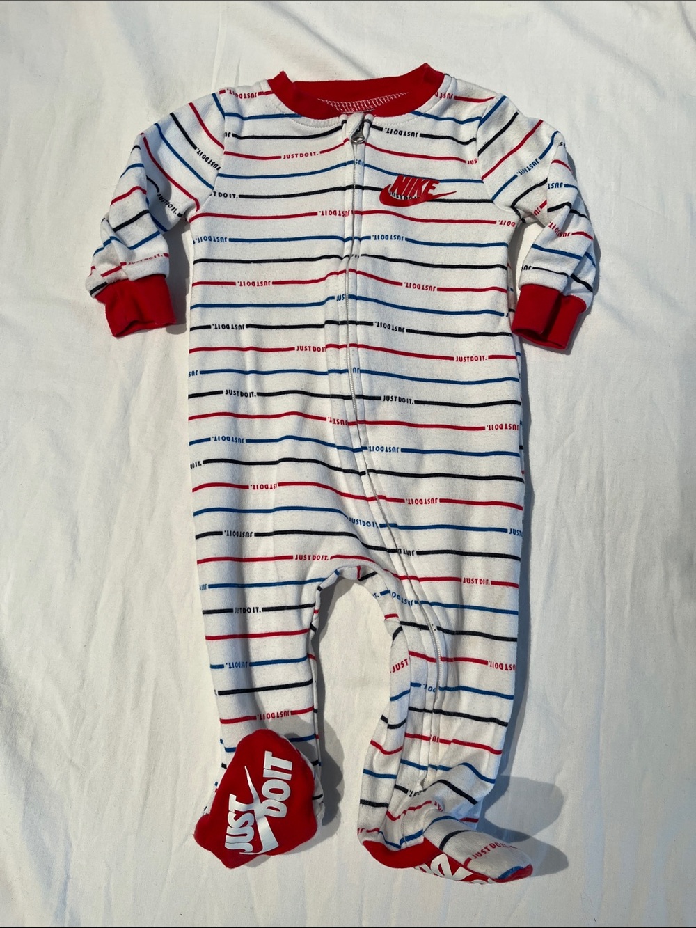 6M Nike White Baby Footie with Red & Navy Stripes
